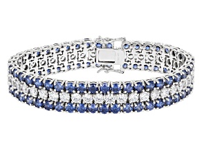 Pre-Owned Blue And White Cubic Zirconia Rhodium Over Sterling Silver Tennis Bracelet 62.54ctw
