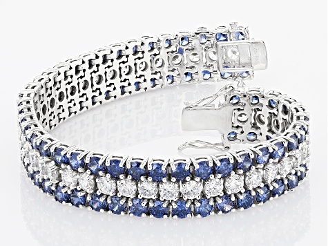 Pre-Owned Blue And White Cubic Zirconia Rhodium Over Sterling Silver Tennis Bracelet 62.54ctw