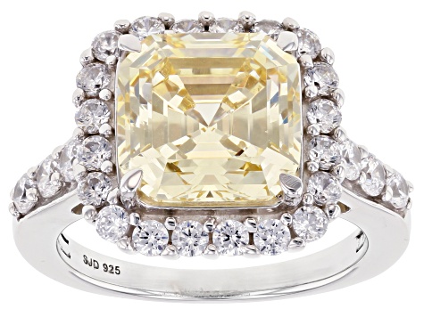 Pre-Owned Yellow and White Cubic Zirconia Asscher Cut Rhodium Over Sterling Silver Ring 10.03ctw