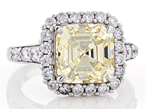 Pre-Owned Yellow and White Cubic Zirconia Asscher Cut Rhodium Over Sterling Silver Ring 10.03ctw