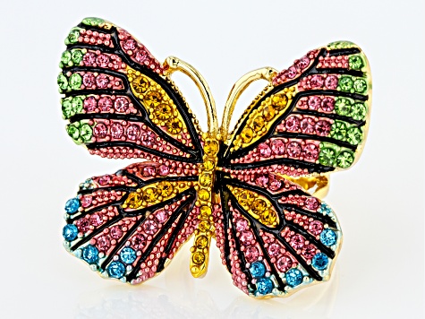 Pre-Owned Multicolor Crystal Gold Tone Butterfly Statement Ring