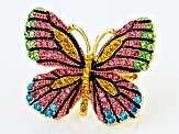 Pre-Owned Multicolor Crystal Gold Tone Butterfly Statement Ring