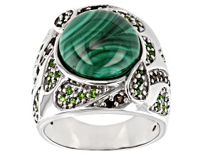 Pre-Owned Green malachite rhodium over silver ring .77ctw