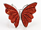 Pre-Owned Red Sponge Coral Rhodium Over Sterling Silver Butterfly Ring