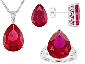 Pre-Owned Red Lab Created Ruby Rhodium Over Silver Jewelry Set 37.09ctw