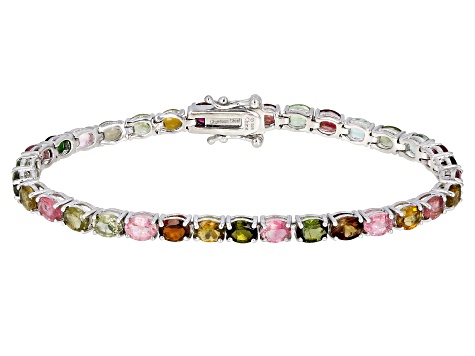 Pre-Owned Multi- Tourmaline Rhodium Over Sterling Silver Tennis Bracelet 7.25ctw