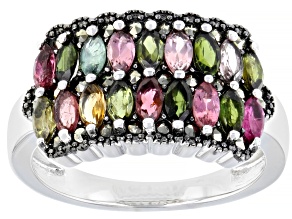 Pre-Owned Multi-Color Tourmaline Rhodium Over Silver Ring 1.07ctw