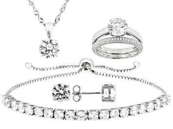 Picture of Pre-Owned White Cubic Zirconia Rhodium Over Sterling Silver Jewelry Set 17.52ctw