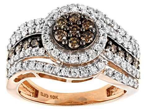 Pre-Owned Champagne & White Diamond 10K Rose Gold Cluster Ring 1.20ctw