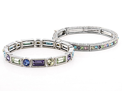 Pre-Owned Multicolor Crystal Silver Tone Stretch Bracelet Set Of 6