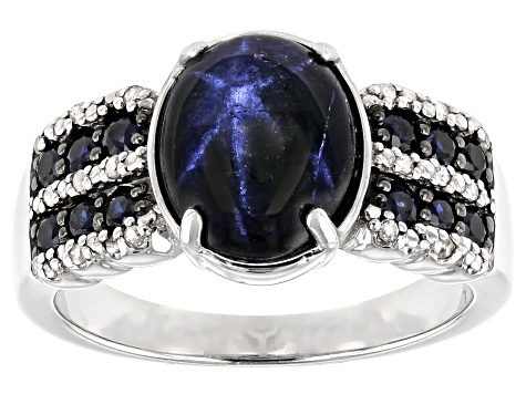 Pre-Owned Blue Star Sapphire Rhodium Over Sterling Silver Ring  4.69ctw