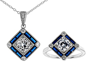 Pre-Owned Lab Blue Spinel And White Cubic Zirconia Silver Ring And Pendant With Chain 6.07CTW