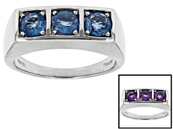 Picture of Pre-Owned Blue Color Change Fluorite Rhodium Over Sterling Silver 3-Stone Mens Ring 1.50ctw