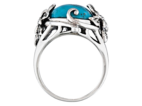 Pre-Owned Blue Cabochon Turquoise With Marcasite Sterling Silver Ring