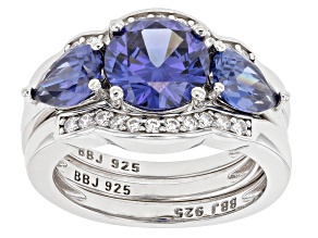 Pre-Owned Blue and White Cubic Zirconia Rhodium Over Sterling Silver Ring With Bands 6.25ctw