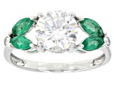 Pre-Owned Moissanite And Zambian Emerald 14k White Gold Ring 1.54ctw DEW.