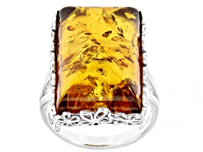 Pre-Owned Orange amber rhodium over sterling silver ring