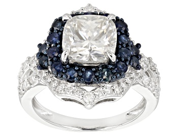 Picture of Pre-Owned Moissanite And Blue Sapphire Platineve Ring 2.98ctw DEW.