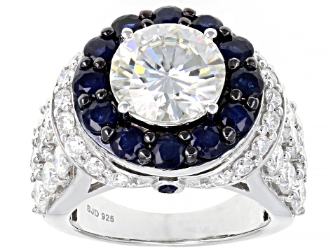 Pre-Owned Moissanite And Blue Sapphire Platineve Ring 6.48ctw  DEW.