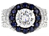 Pre-Owned Moissanite And Blue Sapphire Platineve Ring 6.48ctw  DEW.