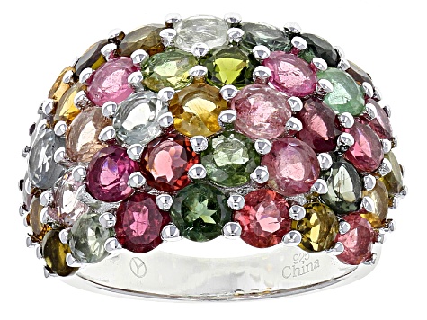 Pre-Owned Multi-Tourmaline Rhodium Over Sterling Silver Dome Ring 7.00ctw