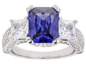 Pre-Owned Blue And White Cubic Zirconia Rhodium Over Sterling Silver Ring 8.04ctw