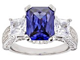 Pre-Owned Blue And White Cubic Zirconia Rhodium Over Sterling Silver Ring 8.04ctw