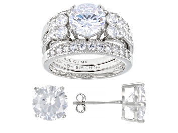 Picture of Pre-Owned White Cubic Zirconia Rhodium Over Sterling Silver Stud Earrings And Ring With 2 Bands Set