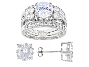 Pre-Owned White Cubic Zirconia Rhodium Over Sterling Silver Stud Earrings And Ring With 2 Bands Set