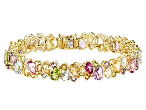 Pre-Owned Multi-color gemstone 18k yellow gold over silver bracelet 24.27ctw