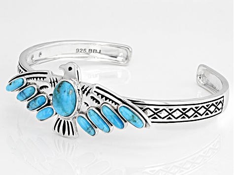 Pre-Owned Turquoise Rhodium Over Sterling Silver Eagle Bracelet