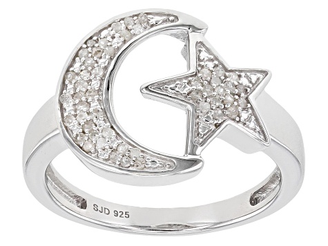 Pre-Owned White Diamond Rhodium Over Sterling Silver Moon And Star Ring 0.15ctw