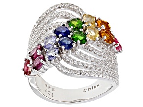 Pre-Owned Multi Gemstone Rhodium Over Sterling Silver Ring 3.65ctw