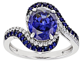 Picture of Pre-Owned Lab Created Blue Sapphire, Blue And White Cubic Zirconia Rhodium Over Sterling Silver Ring