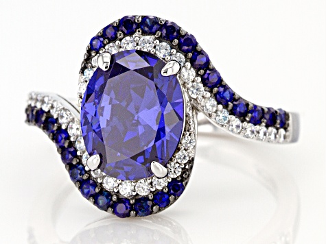 Pre-Owned Lab Created Blue Sapphire, Blue And White Cubic Zirconia Rhodium Over Sterling Silver Ring