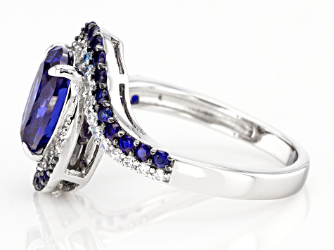 Pre-Owned Lab Created Blue Sapphire, Blue And White Cubic Zirconia Rhodium Over Sterling Silver Ring