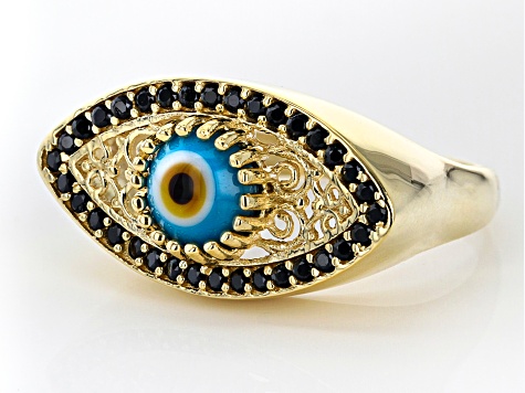 Pre-Owned  Black Spinel 18K Yellow Gold Over Silver Evil Eye Ring 0.50ctw