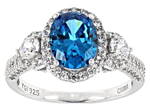 Pre-Owned Blue and White Cubic Zirconia Rhodium Over Sterling Silver Ring 4.95ctw
