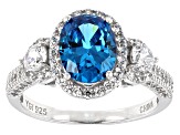 Pre-Owned Blue and White Cubic Zirconia Rhodium Over Sterling Silver Ring 4.95ctw