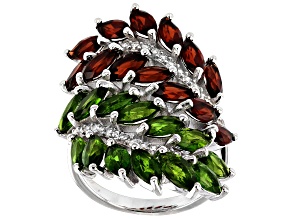 Pre-Owned Red Garnet & Green Chrome Diopside Rhodium Over Sterling Silver Ring 6.28ctw