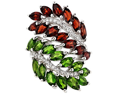 Pre-Owned Red Garnet & Green Chrome Diopside Rhodium Over Sterling Silver Ring 6.28ctw