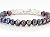 Pre-Owned Black Cultured Freshwater Pearl White Crystal Silver Tone Stretch Bracelet