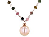 Pre-Owned 12-12.5mm Pink Cultured Freshwater Pearl & Tourmaline 18k Rose Gold Over Silver 18 Inch Ne