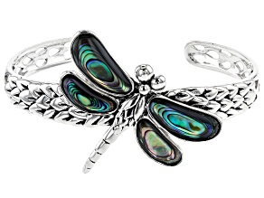 Pre-Owned Multicolor Abalone Shell Rhodium Over Silver Dragonfly Bracelet