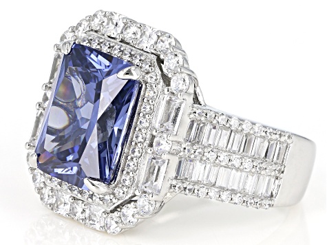 Pre-Owned Blue And White Cubic Zirconia Rhodium Over Sterling Silver Ring 10.22CTW