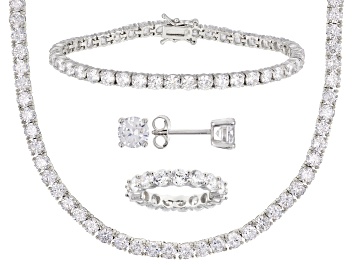 Picture of Pre-Owned White Cubic Zirconia Rhodium Over Silver Earrings, Necklace, Ring, and Bracelet Set 67.36c