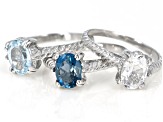 Pre-Owned  London Blue, Glacier Topaz(TM) And White Topaz Rhodium Over Silver Set of 3 Rings 3.4ctw