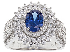 Pre-Owned Blue And White Cubic Zirconia Rhodium Over Silver Ring 4.24ctw