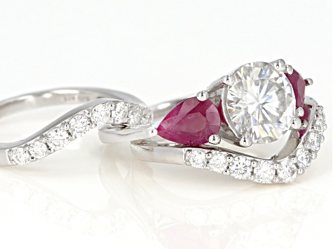 Pre-Owned Moissanite And Ruby Platineve Ring With Guards 3.54ctw DEW.