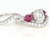Pre-Owned Moissanite And Ruby Platineve Ring With Guards 3.54ctw DEW.